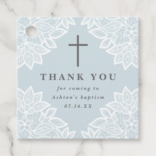 Vintage dentelle bleu baptême merci les étiquettes (Devant)