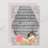 Vintage dentelle Rustique bois fille Invitation Ba (Devant / Derrière)