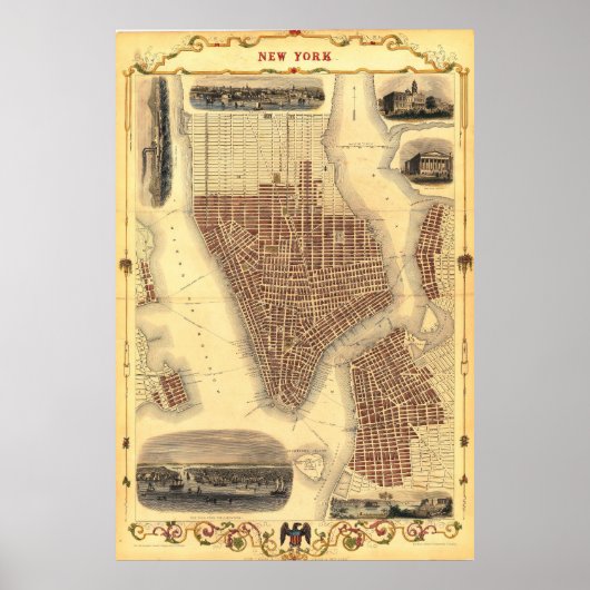 Vintage Detailed New York Map Poster 1851 (Devant)