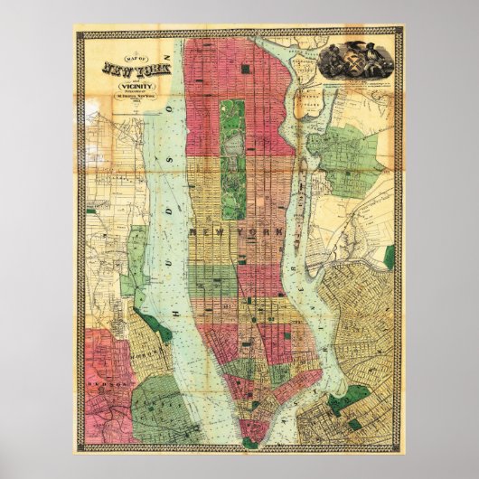 Vintage Detailed New York Map Poster 1863 (Devant)