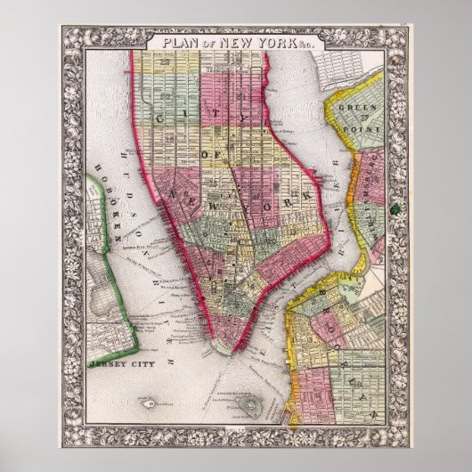 Vintage Detailed New York Map Poster 1865 (Devant)