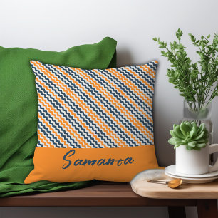 Vintage diagonale geometrische oranje grijze naam kussen