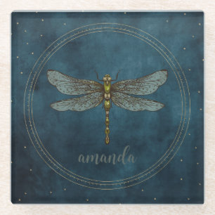 Vintage donkerblauwe hemelse mystieke libel  glazen onderzetter