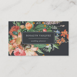 Vintage Donkere Bloemen op Zwart Handtekening Visitekaartje