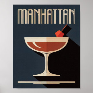 Vintage donkere marine Manhattan-drankillustratie Poster