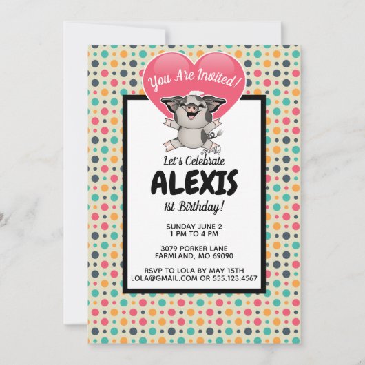 Vintage Dots Piggy Anniversaire Invitation photo (Devant)