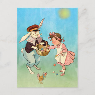 Vintage Easter Bunny, Little Girl and Hen Feestdagenkaart