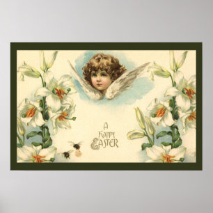 Vintage Easter, Victorian Angel with Lily Flowers Poster