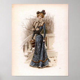 Vintage Edwardian Mode Lady met mand Poster