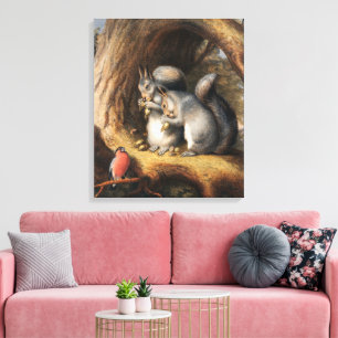 Vintage Eekhoorns en Vogel Bos Achterland Kunst Canvas Afdruk