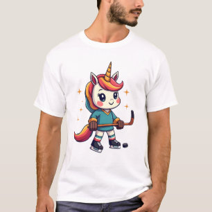 Vintage Eenhoorn Hockey Cartoon Cute Regenboog IJs T-shirt