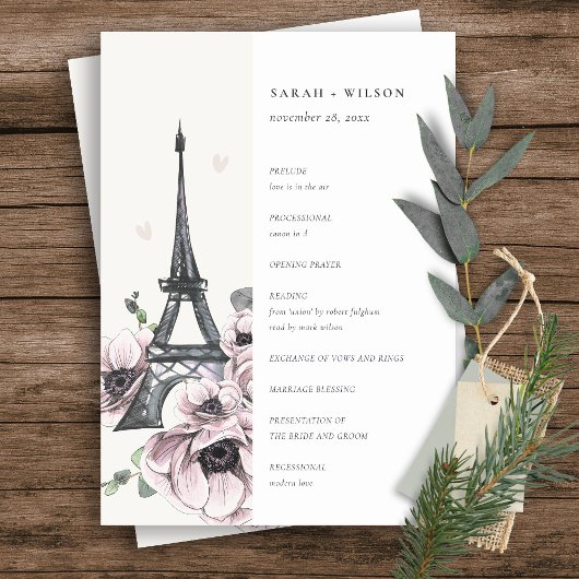 Vintage Eiffel Tower Floral Wedding Programme