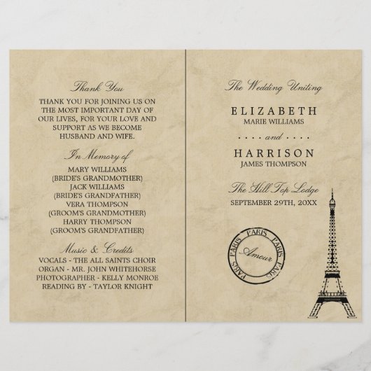 Vintage Eiffel Tower Paris Wedding Programme (Voorkant)