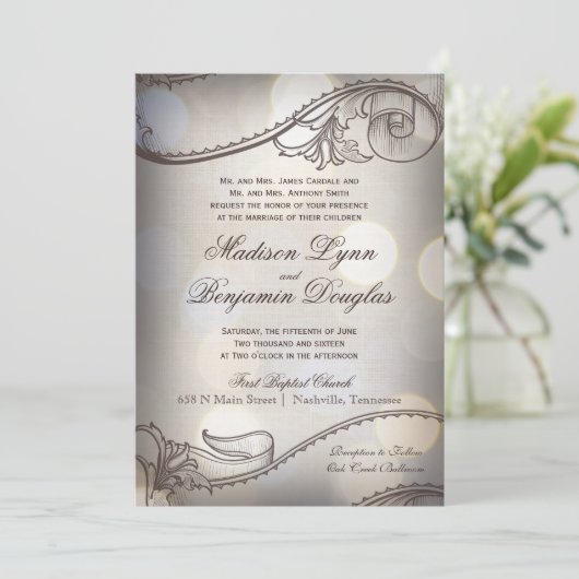 Vintage Elegance Bokeh Rustic Wedding Invitations (Debout devant)