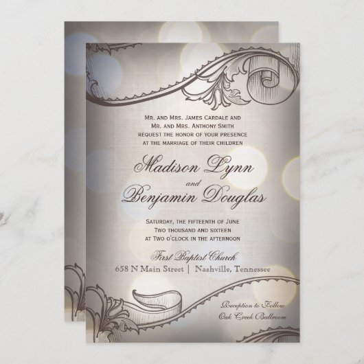 Vintage Elegance Bokeh Rustic Wedding Invitations (Devant / Derrière)