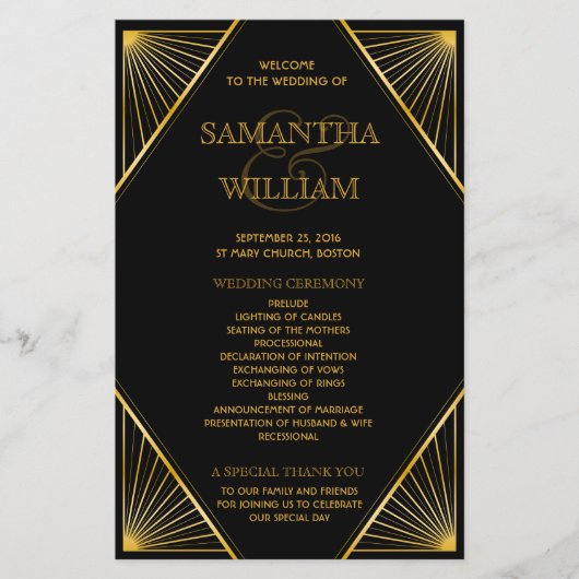 Vintage Élégant Art Déco Gold Wedding Programme (Devant)