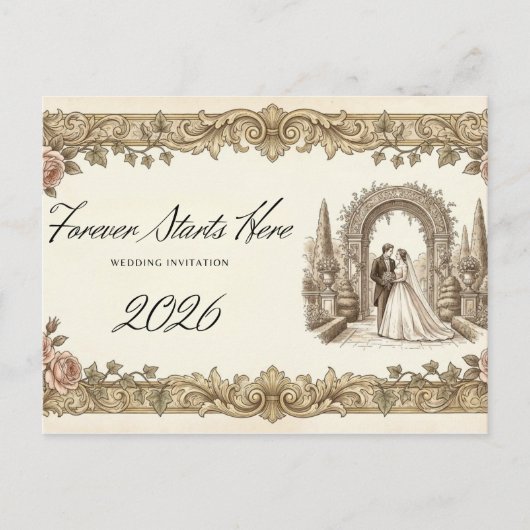 Vintage Elegant Floral Wedding Invitation Postcard (Devant)