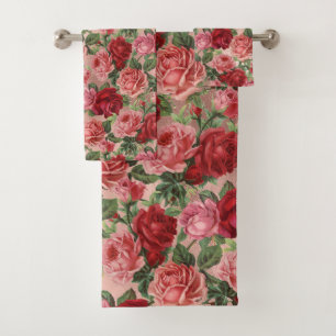 Vintage Elegant Rose Rouge Floral sur Rose Rose Or