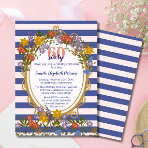 Vintage Elegante Bloemige Gestreepte Marineblauwe Kaart
