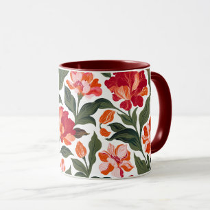 Vintage Elegante Rood & Koraal Bloemmotief Zwart Mok