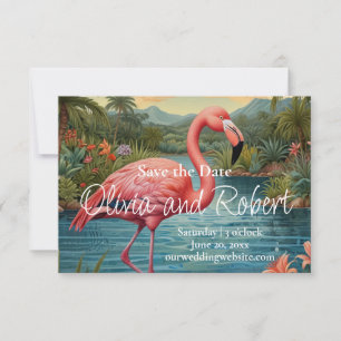 Vintage elegante roze tropische flamingo save the date