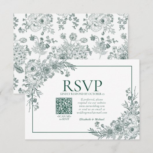 Vintage Emerald Floral Line Art QR Code RSVP (Devant / Derrière)