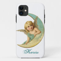 Vintage engel en maan iPhone hoes Voeg uw naam toe