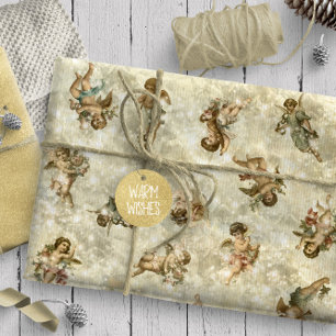 Vintage Engelen Glitterend Goud ID136 Cadeaupapier
