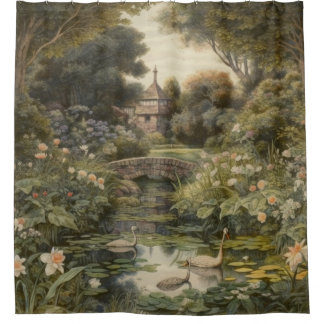 Vintage Engelse Tuin Zwaan Schilderachtige Muursch Douchegordijn