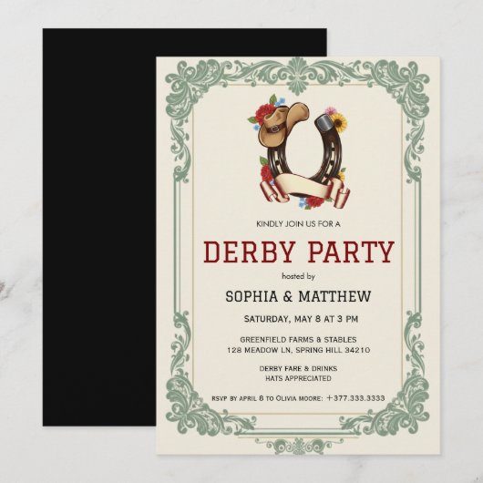 Vintage Equestrian Derby Party Invitation Race  (Devant / Derrière)