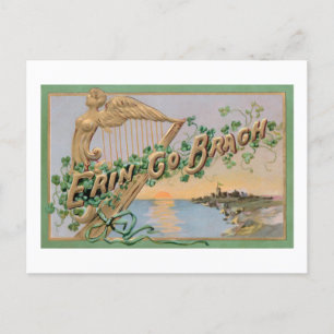 Vintage Erin Go Bragh, Gouden Ierse Harp & Klavert Feestdagenkaart