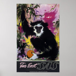 Vintage Far East Gibbon Monkey Travel Poster