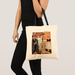 Vintage feest in de keuken, bier en hapjes tote bag
