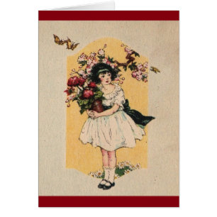 Vintage Fille Avec Carte De Voeux Plante
