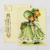 Vintage fille avec carte postale verte (Devant / Derrière)