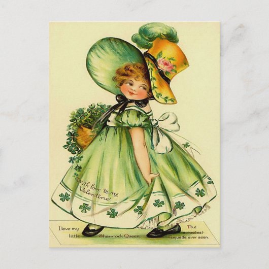 Vintage fille avec carte postale verte (Devant)