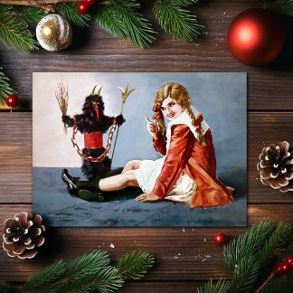 Vintage fille avec Krampus carte de Noël