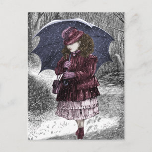 Vintage fille avec parapluie dans la carte postale