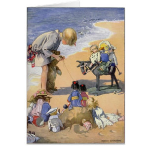 Vintage - Fille et ses poupées à la plage,