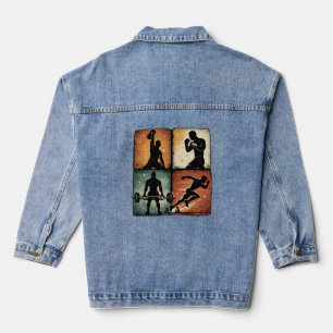 Vintage Fitness Silhouette Grid Workout T-Shirt Ar Denim Jacket