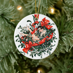 Vintage flapper onder de mistletoe uit de jaren 20 keramisch ornament
