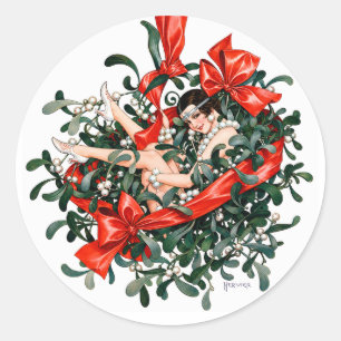 Vintage flapper uit de jaren 20 onder de mistletoe ronde sticker