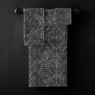 Vintage Fleur de Lis Black Silver Grunge Damask
