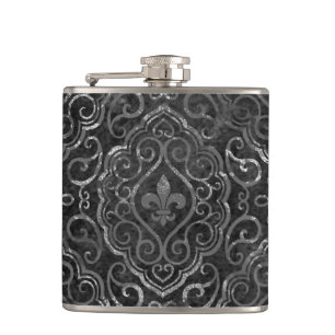 Vintage Fleur de Lis Black Silver Grunge Damask Heupfles