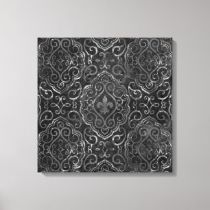 Vintage Fleur de Lis Zwarte Silver Grunge Damask Canvas Afdruk