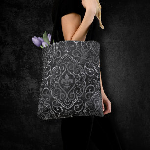 Vintage Fleur de Lis Zwarte Silver Grunge Damask Draagtas