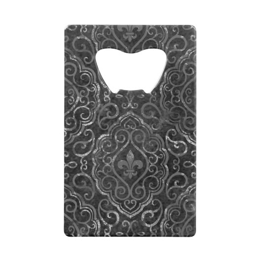 Vintage Fleur de Lis | Zwarte Silver Grunge Damask Kredietkaart Flessenopener (Voorkant)