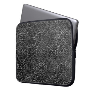 Vintage Fleur de Lis Zwarte Silver Grunge Damask Laptop Sleeve