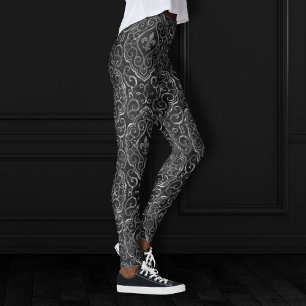Vintage Fleur de Lis   Zwarte Silver Grunge Damask Leggings