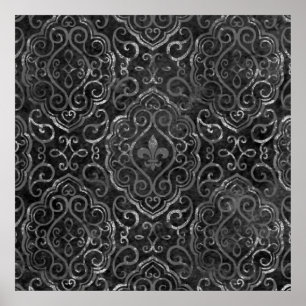 Vintage Fleur de Lis   Zwarte Silver Grunge Damask Poster